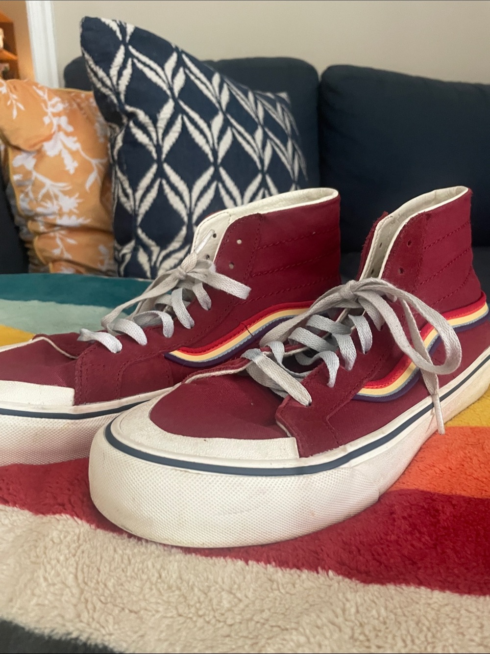 Vans Maroon High-Top Sneakers with Rainbow Side Stripe and White Laces